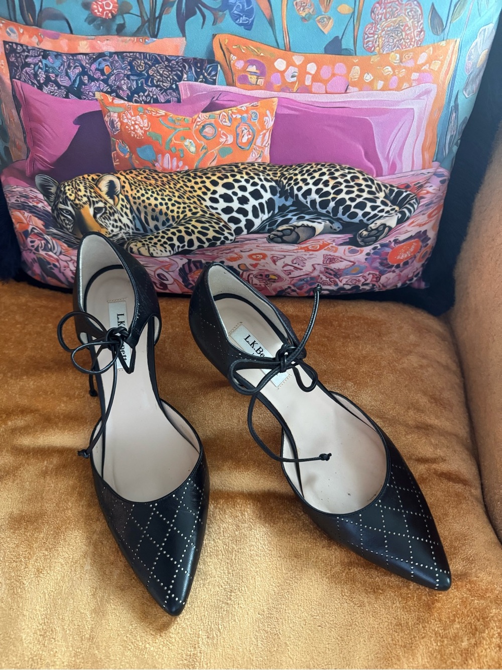 LK Bennett Black Pointed Lace-Up Heels with Diamond Stitch Detail